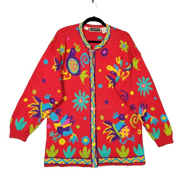 CHRISTINE FOLEY Vintage Red Artsy Folk Bird Knitted Art To Wear Cardigan SIZE 2 - Picture 1 of 13